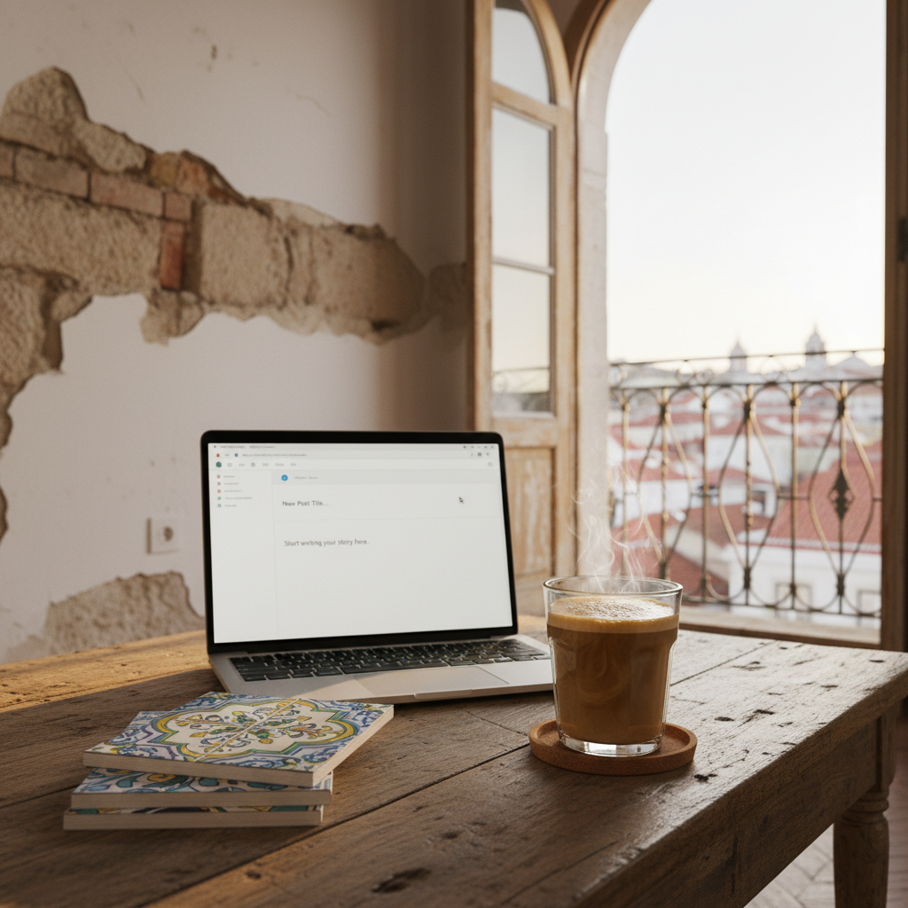 A cozy Lisbon living room corner in a historic apartment, showcasing a small stack of colorful Portuguese azulejo-patterned notebooks on a rustic wooden coffee table. Next to them, an open laptop displays a blank blog editor screen, with a cork coaster holding a steaming cup of galão in a transparent glass. The chipped white plaster wall behind reveals a hint of original stone, and a narrow balcony door lets in warm, late-afternoon light that creates soft highlights on the glass and wood textures. The background shows a blurred glimpse of red-tiled rooftops beyond the balcony railing. Captured at eye level in photographic realism, with a shallow depth of field and playful, inviting atmosphere, this composition suggests a quiet moment of writing updates about Lisbon life.