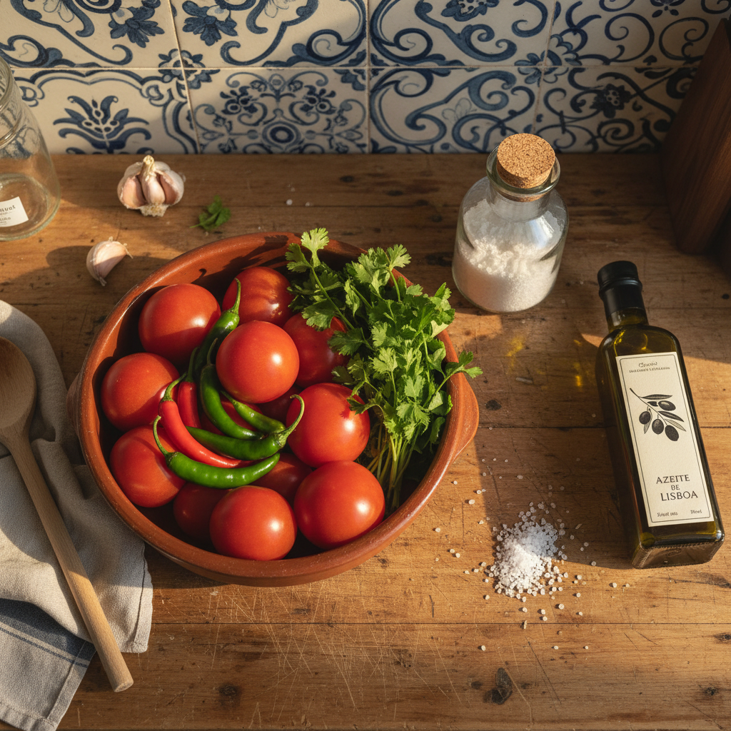 A small, sunlit Lisbon kitchen counter made of worn, honey-colored wood, cluttered in a charming way with ingredients for a family meal. A deep terracotta bowl overflows with plump tomatoes, bright green piri-piri peppers, and a bunch of fresh cilantro. Beside it, a glass jar of coarse sea salt and a bottle of local olive oil with a simple, elegant label catch the golden hour light streaming through a nearby window. In the background, intricately patterned blue-and-white azulejo tiles line the wall, slightly out of focus. Shot from an overhead, bird’s-eye perspective in photographic realism, the composition emphasizes texture and color, creating a warm, playful, and homey atmosphere that hints at quirky culinary experiments in a Lisbon apartment.