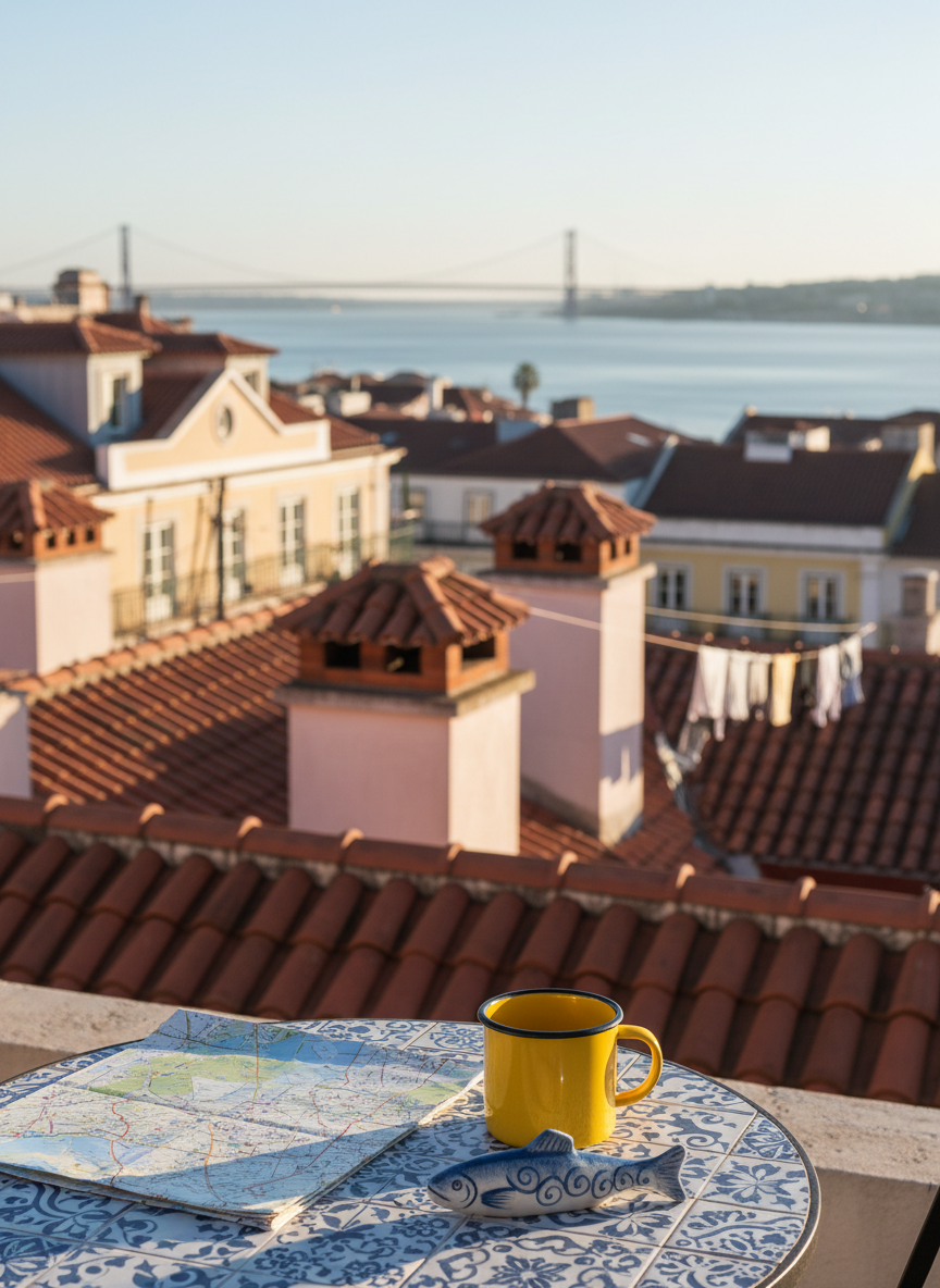 A sunlit Lisbon rooftop terrace overlooking terracotta chimneys and the shimmering Tagus River, captured in photographic realism. In the foreground, a small round tiled table holds a well-worn paper map of Lisbon, a bright yellow enamel mug, and a tiny ceramic sardine figurine with hand-painted blue patterns. Soft morning light washes the pastel building facades, casting gentle shadows across the uneven clay tiles. Laundry lines sway in the distance, slightly blurred to create a playful sense of motion. Shot from a slightly elevated angle with shallow depth of field, the composition uses the rule of thirds to frame the river and 25 de Abril bridge in the background, evoking a cheerful, exploratory mood of new beginnings in the city.