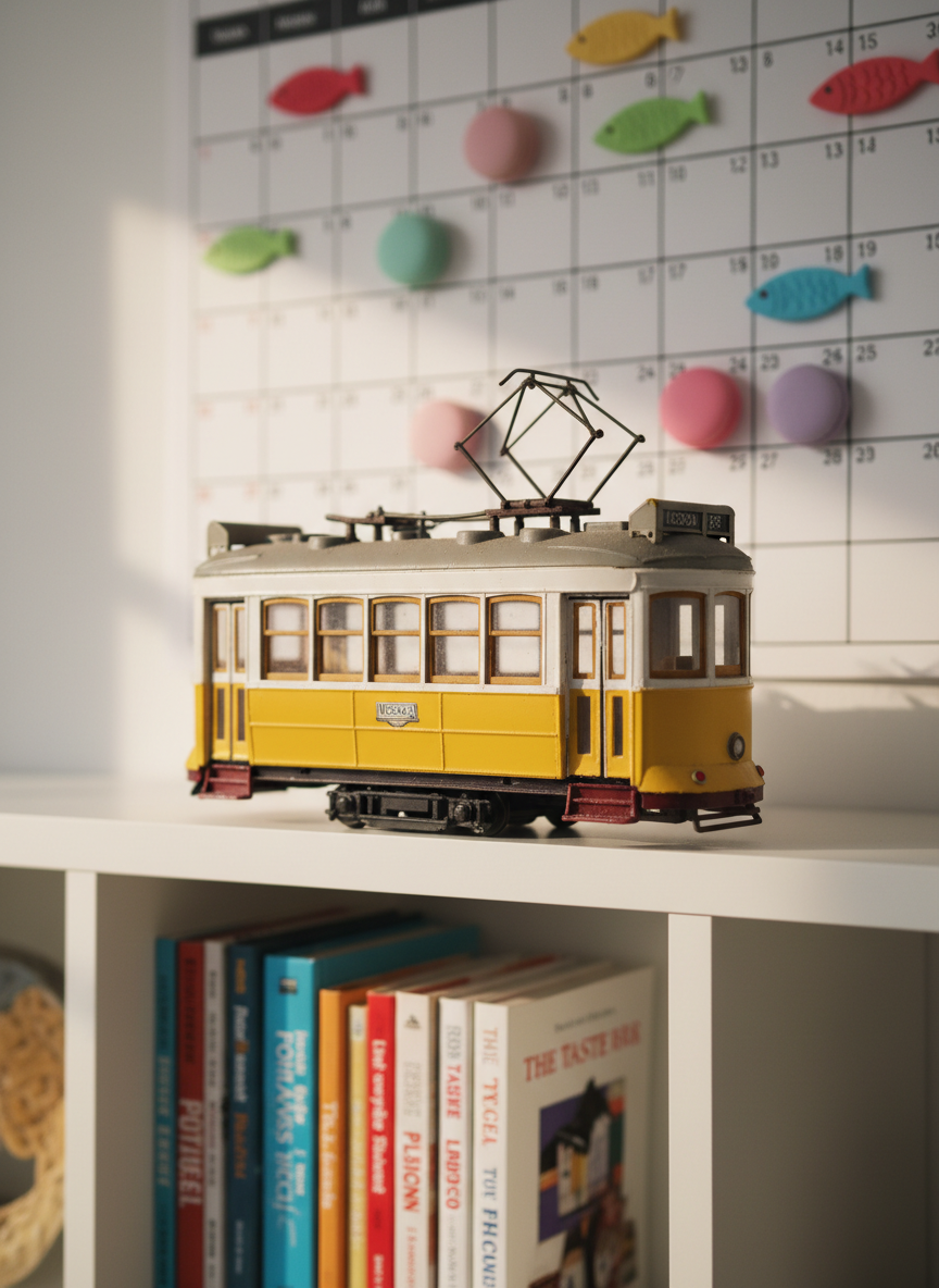 A bright yellow Lisbon tram model, meticulously detailed with tiny chrome handrails, vintage signage, and slightly weathered paint, sits atop a white IKEA-style bookshelf filled with travel guides and Portuguese cookbooks. Behind it, a large wall calendar is pinned with colorful sticky notes shaped like sardines and pastel macarons. Soft, diffused mid-morning light from an unseen window to the left casts gentle, elongated shadows and subtle reflections on the tram’s glossy windows. The camera is positioned at a slight low angle, making the tram feel iconic yet playful. Photographic realism with vibrant colors and crisp focus on the model, while the books and notes blur softly in the background, creates an energetic, whimsical mood that captures the essence of everyday Lisbon adventures.
